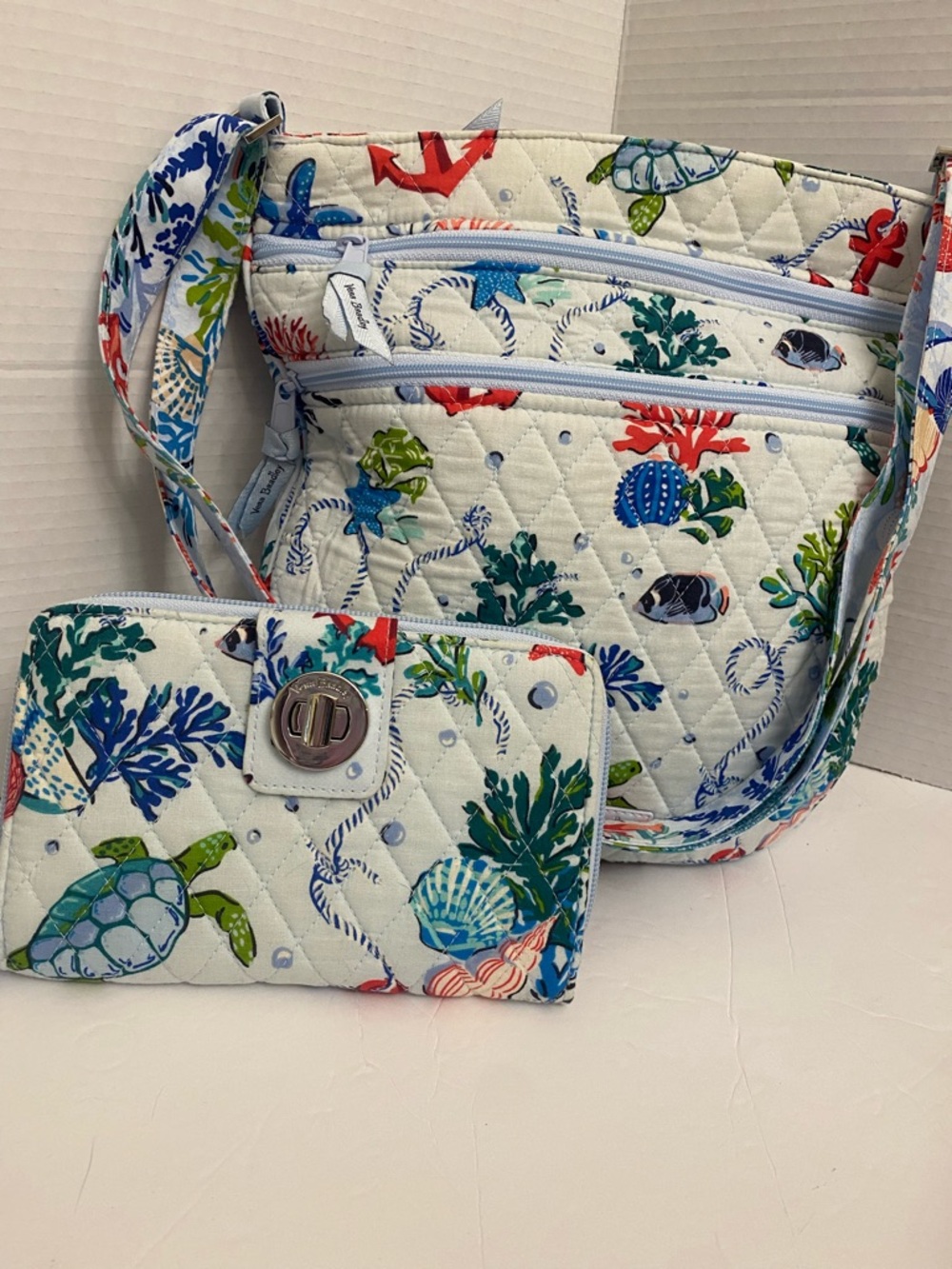 Vera Bradley Anchors Aweigh Quilted Sea Life Crossbody Bag and  RFID Wallet Set